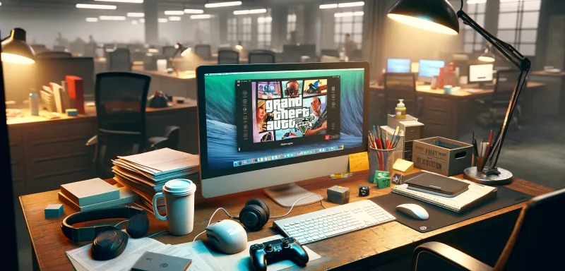 Dall-E 2024 - A scene depicting a desk in an office environment, featuring typical work items such as a computer, keyboard, mouse, a stack of papers, and a coffee cup. On the computer screen, instead of a work document or application, the homepage of "GTA 6" is displayed, glowing invitingly. Next to the computer, a gaming headset and a controller are placed, suggesting the desk owner is ready to dive into the game at any moment. In the background, blurry to focus on the desk, empty office chairs and desks suggest a deserted, almost ghostly work environment. The scene is illuminated by the warm light of a desk lamp, creating a cozy yet contrasting atmosphere to the cool, functional office setting. The image conveys excitement for gaming juxtaposed with a sense of abandonment in the workplace, highlighting the tension between professional duties and personal passions.
