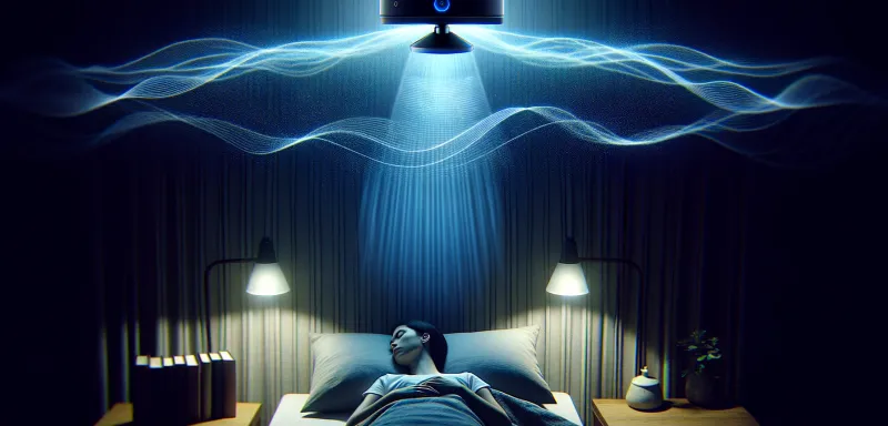 DALL-E 2024 - A tranquil and dark bedroom scene where a person is sleeping peacefully. Above them, the silhouette of an Azure Kinect camera is either discreetly mounted on the ceiling or placed on a nightstand. Subtle light beams or digital waves emanate from the camera, gently traversing the room and capturing sleep data. These digital waves softly flow over the sleeping person, symbolizing non-invasive and gentle data capture during sleep. The focus is on the harmonious integration of technology into everyday life to enhance sleep quality and provide valuable insights for health and well-being. The image should be in a 16:9 aspect ratio to illustrate the article 'Sleep Analysis with Azure Kinect'.