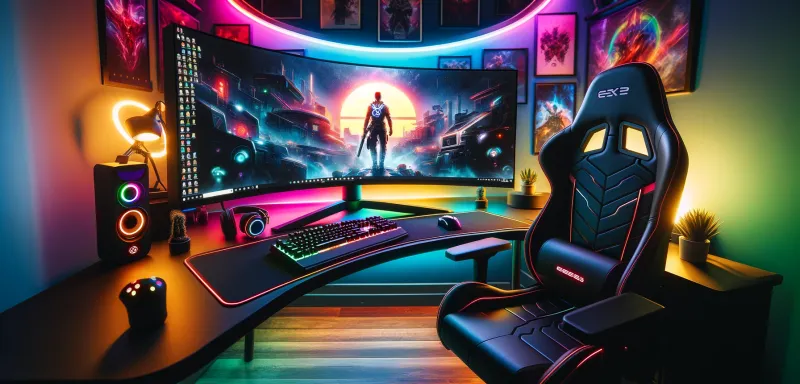 DALL-E 2024 - A highly detailed and immersive gaming setup featuring a large curved monitor surrounded by multi-colored RGB lights. There's a high-end gaming chair, sleek black, positioned perfectly in front of the desk. The desk holds a mechanical keyboard with glowing keys, a gaming mouse with a futuristic design, and a headset hanging on a stand. The walls are adorned with posters of popular video games and the room is dimly lit to enhance the vibrant colors of the RGB lighting. The atmosphere is cozy yet high-tech, ideal for gaming enthusiasts.