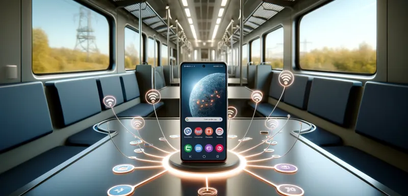 DALL-E 2024 - A Samsung Galaxy S22 Ultra smartphone displayed on a table inside a modern train compartment, surrounded by visual representations of different network signals in a 16:9 format. The phone shows active connections to various networks like Vodafone, Telekom, and Sipgate, represented by their logos floating around it. The compartment is well-lit, with large windows showing a passing landscape outside, emphasizing the travel and connectivity theme. The image layout is horizontal to fit the 16:9 aspect ratio.