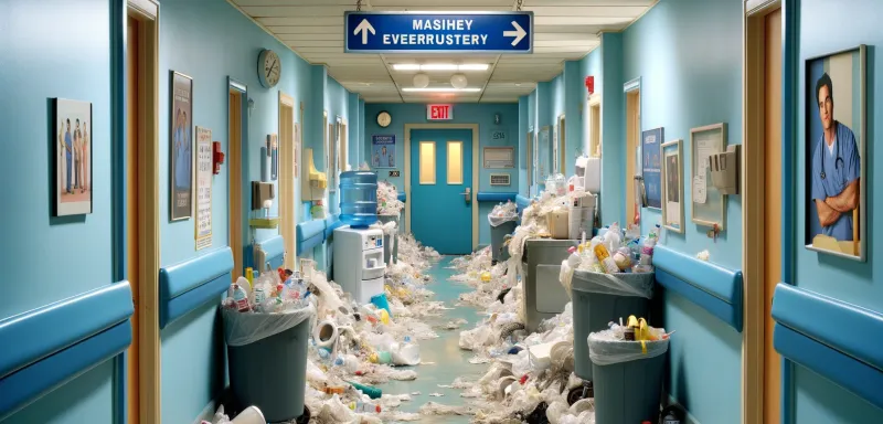 DALL-E 2024 - Combine elements from previous scenes inspired by 'Scrubs'. The setting is a hospital corridor that appears unusually quiet and empty, similar to the second image but with the specific atmosphere and details from the first image. The walls are light blue, typical of hospital interiors, with medical posters and a water cooler visible. The hallway is lined with overflowing trash bins, suggesting neglect or a busy day. The janitor character is notably missing. Enhance the image with quirky and comedic elements reflective of 'Scrubs'.