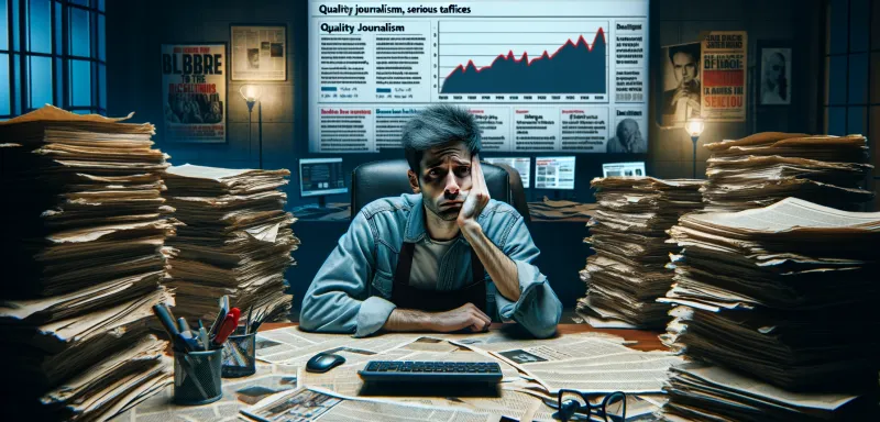DALL-E 2024 - A melancholic journalist sits at a wide, cluttered desk surrounded by piles of research papers and a computer screen showing low traffic analytics. The room is dimly lit, emphasizing the journalist's stressed and disappointed expression. In the background, articles with sensational headlines contrast with his quality, serious content. The setting is a gloomy office space, depicting the struggle between quality journalism and clickbait culture in a wider format.