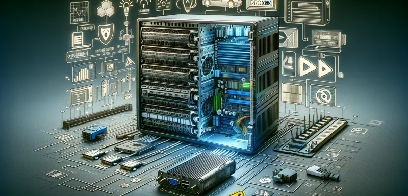 DALL-E 2024 - A detailed image showcasing a modern server tower with its components visible. The server is open, revealing parts like RAM sticks, a processor, a RAID controller, and a power supply. A VGA to HDMI adapter is placed next to the server. In the background, there are streaming symbols like a play button and video icons, as well as logos of virtualization software like Proxmox and ESXI. A thought line connects these components and software solutions. In one corner, there's a car symbol with a speed camera symbol next to it, indicating the anecdote about the car sharing and speeding ticket. Technical diagrams and symbols are overlaid on the image to highlight the complexity and technical challenges of the project.