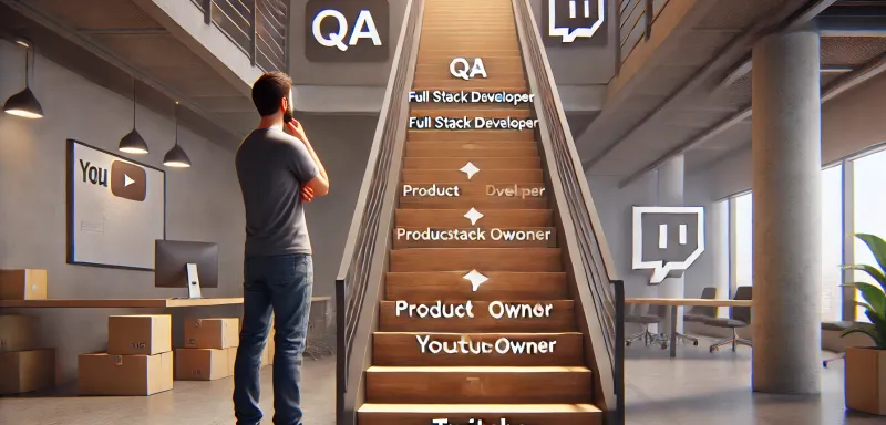 DALL-E 2024 - A man standing at the bottom of a long staircase in a modern office building, with each step labeled with a different career title: 'QA', 'Full Stack Developer', 'Product Owner', 'YouTube', 'Twitch'. The man looks up the staircase contemplatively, with a hand on his chin. The staircase represents the journey and choices in his career path. The atmosphere is realistic and professional, capturing the theme of uncertainty and decision-making in a career setting.