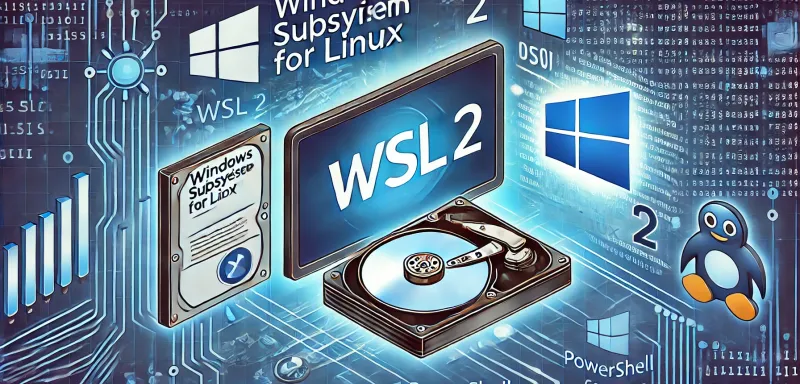 DALL-E 2024 - An illustration depicting the Windows Subsystem for Linux (WSL) 2 icon on a computer screen, with various elements representing data compression and optimization. The image should include elements like a large hard drive shrinking in size, PowerShell command lines, and the WSL logo. A tech-savvy environment with a focus on efficiency and storage management should be conveyed.