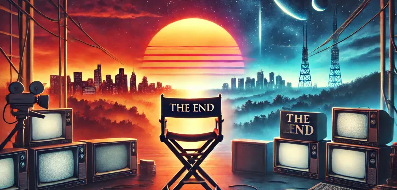 DALL-E 2024 - A 16:9 image depicting the theme of the end of a TV series. The scene should include a sunset or twilight sky, symbolizing closure, with elements like a fading television screen, an empty director's chair, and a 'The End' sign. The background should be a blend of different environments representing various genres, such as a futuristic cityscape, a gritty urban area, a sci-fi setting, and a suburban neighborhood, all gradually fading into the distance. The overall mood should evoke a sense of nostalgia and reflection.