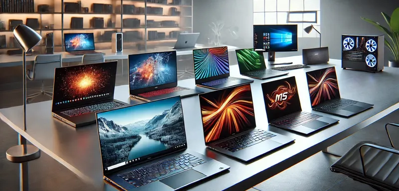 DALLE - 2024 - A modern workspace with a range of high-end laptops displayed on a sleek desk. Featured laptops include a Dell XPS, Apple MacBook Pro, Lenovo ThinkPad, Acer Swift, ASUS ROG Zephyrus, and MSI Prestige. The background includes a minimalist office setting with a large window letting in natural light. The Dell XPS is shown with a thermal problem, visibly overheating. The other laptops are shown with their screens displaying vibrant, high-resolution images. A focus on the Dell XPS and MacBook Pro, highlighting their design and build quality. The scene should be clean, professional, and tech-focused.