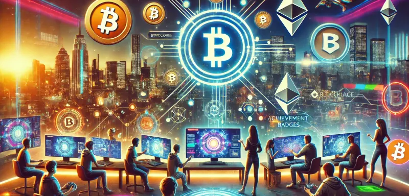 DALL-E 2024 - A dynamic and futuristic gaming scene with elements of cryptocurrency and blockchain integration. In the background, there is a virtual cityscape with neon lights and digital symbols of popular cryptocurrencies like Bitcoin and Ethereum. In the foreground, gamers are interacting with holographic screens showing in-game items and marketplaces. Additional gamification elements include digital leaderboards, achievement badges, and avatars. The scene has a mix of dark and vibrant colors, reflecting both the excitement and the challenges of integrating crypto in gaming.
