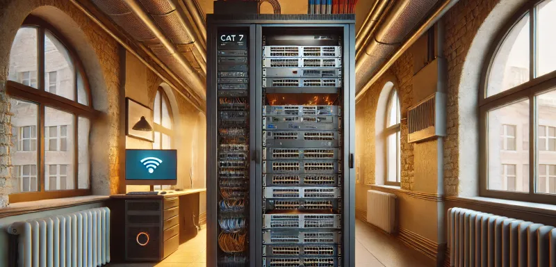 DALL-E 2024 - A modern office server room in an older, renovated building. The image shows a sleek server rack filled with network switches, patch panels, and cabling. CAT 7 cables are prominently visible, neatly organized and connected to the switches. The setting includes a mix of old architecture, like brick walls, blending with the new technology. There are also visible WLAN access points on the ceiling and a powerful desktop server tower next to the server rack. The lighting is warm, highlighting the balance between old and new.