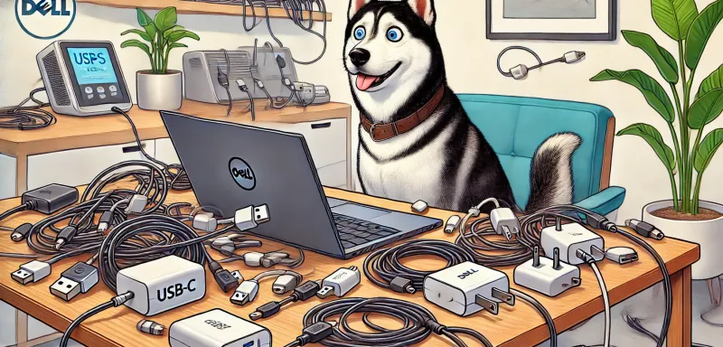 DALL·E 2025-01-07 17.18.24 - A humorous and detailed illustration of a Husky sitting frustratedly in front of a Dell XPS laptop, surrounded by various USB-C chargers and cables. T