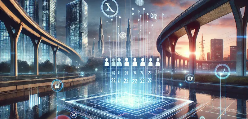 DALL-E 2025 - Ein futuristisches Stadtpanorama bei Dämmerung, in dem moderne Architektur und digitale Elemente harmonisch verschmelzen. Im Vordergrund schwebt ein holografischer Wahlkalender mit politischen Symbolen, der leicht transparent ist und an AR erinnert. Der Himmel ist in kühlen Blau- und Violetttönen gehalten, während subtile Lichteffekte und digitale Linien den Eindruck von fortschrittlicher Technologie vermitteln. Das Bild soll den Brückenschlag zwischen Politik und moderner Technik visualisieren und dabei einen kritischen, aber hoffnungsvollen Ton vermitteln.