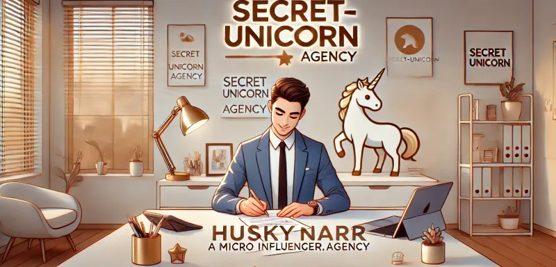 DALL·E 2025-02-11 11.16.16 - A professional and stylish digital illustration featuring Huskynarr, a Micro Influencer, signing a contract with Secret-Unicorn.Agency. The setting is a modern, minimalistic office with a sleek desk, a laptop, and branding elements of the agency, including a subtle unicorn logo in the background. The atmosphere is professional yet welcoming, with warm lighting. Huskynarr appears excited and ready for new opportunities. The image is in 16:9 aspect ratio.
