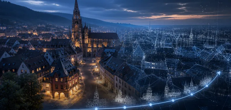 Digitale Rekonstruktion einer europäischen Stadt mit historischen Gebäuden, 3D-Drahtmodell und Zeitstrahl