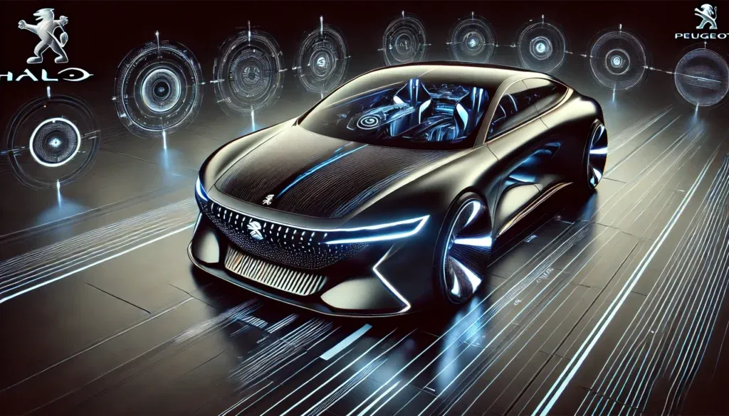 DALL-E 2025 - A futuristic concept car combining elements of the Halo universe with the characteristic aesthetics of Peugeot. The car features sleek, aerodynamic lines with integrated LED accents reminiscent of sci-fi aesthetics. The front preserves Peugeot's distinctive grille design, while dynamic lighting elements add a futuristic contrast. The interior boasts a minimalist cockpit with holographic instruments and connected system displays, bridging classic automotive engineering with modern technology. The overall design harmoniously blends the futuristic vision of Halo with Peugeot's traditional identity.